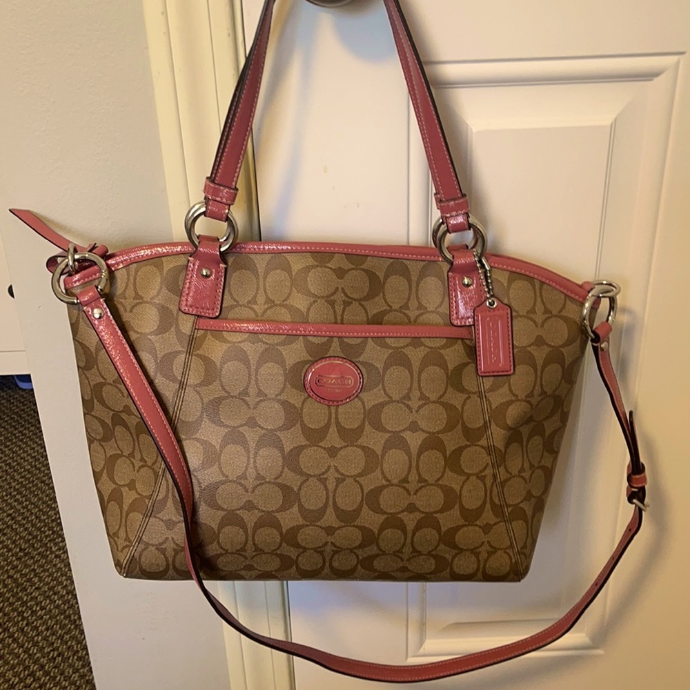 Coach Signature Tote with Pink Patent Leather Trim